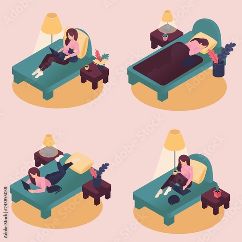 Isometric Beautiful Young Woman at Home