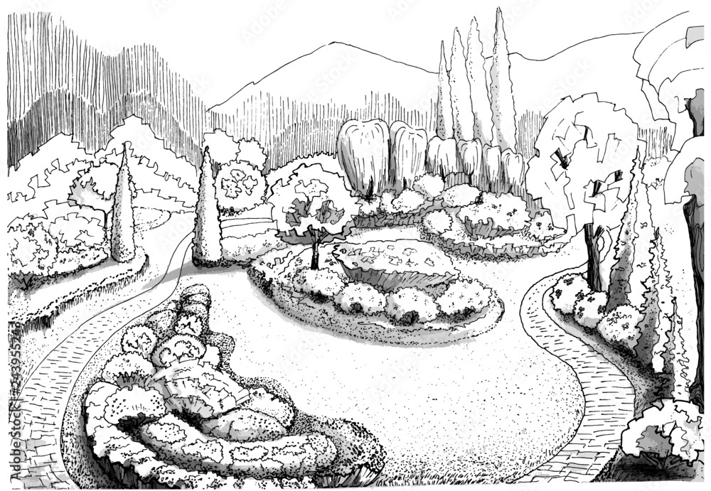 Fototapeta premium Garden in summer, black-white illustration in the staffing technique