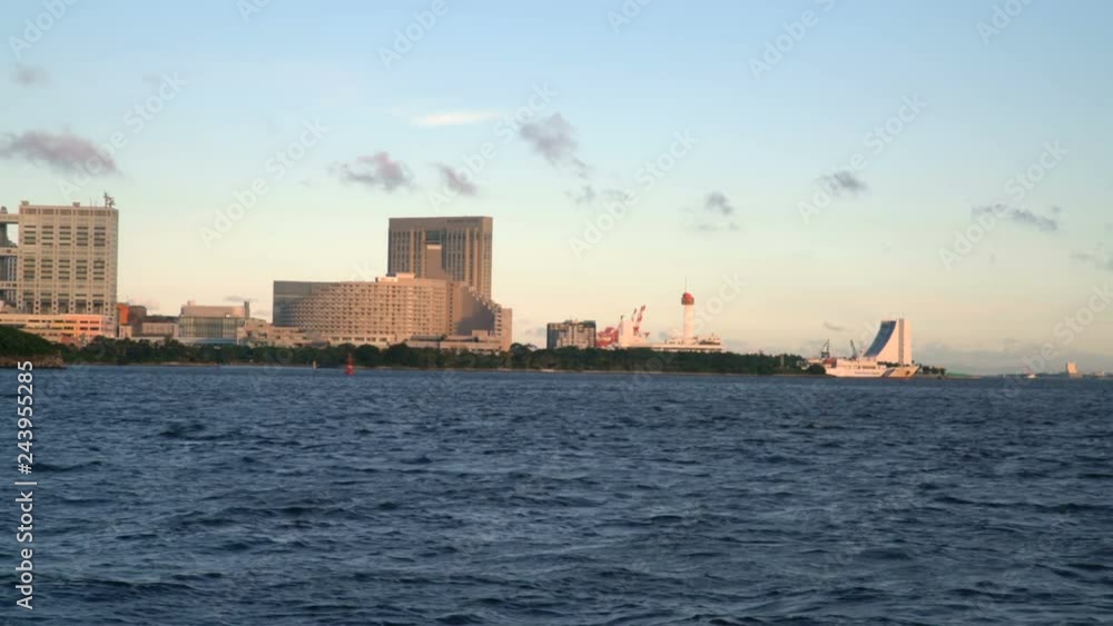 Pan Shot of Waterfront Cityscape at sunset at Port of Tokyo Pan Shot of Waterfront Cityscape at sunset at Port of Tokyo