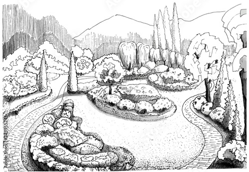Garden in summer, black-white illustration in the staffing technique