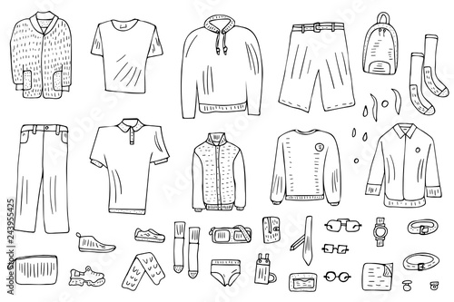 Men clothes and accessories set in doodle style.