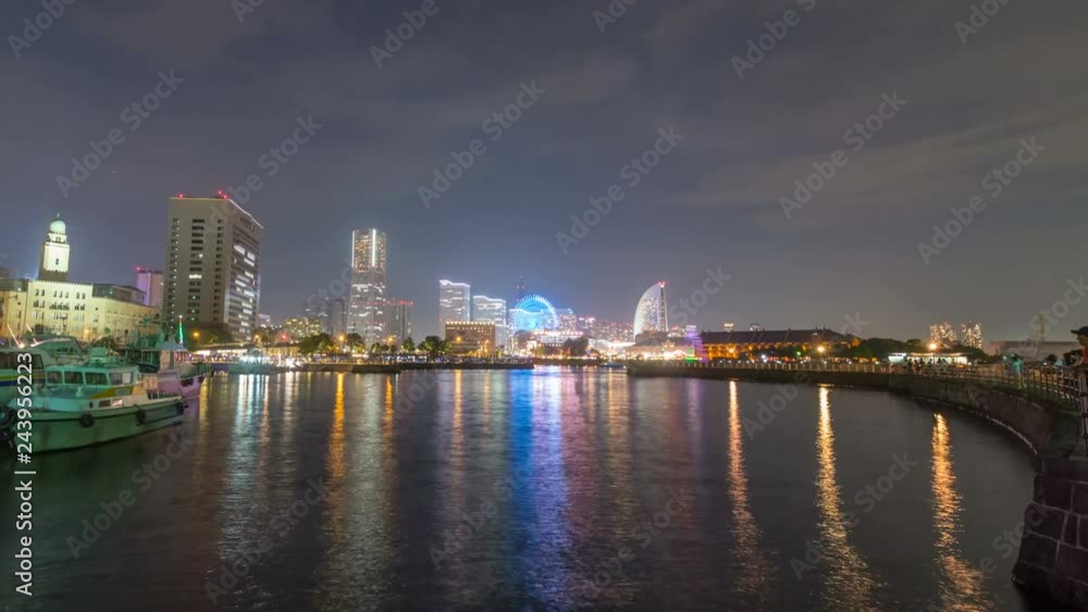 Timelapse of Night Seascape at Port City of Yokohama -Pan Left- Timelapse of Night Seascape at Port City of Yokohama -Pan Left-