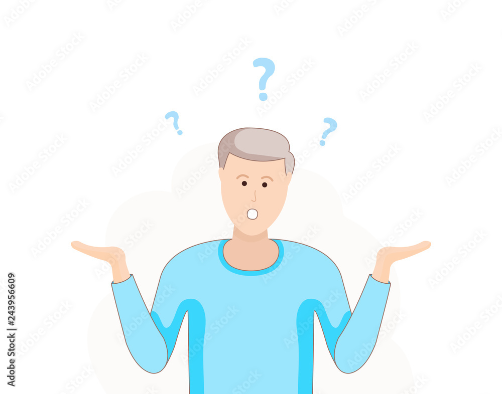 A man is shrugging with a curious expression. Search solution. Modern hand drawn vector illustrations design A man is shrugging with a curious expression. Search solution. Modern hand drawn vector illustrations design