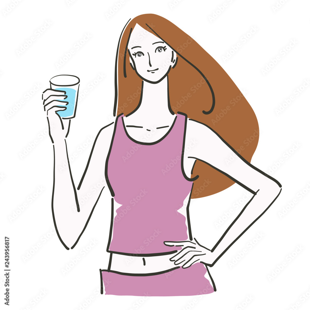 水　飲む　女性　余白　ベクター　水分補給