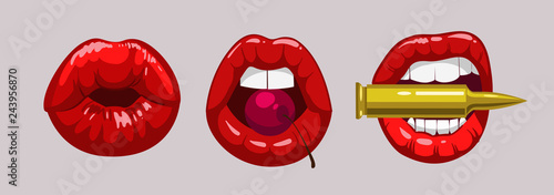 Set of lips with lolipop, cherry. Vector illustration