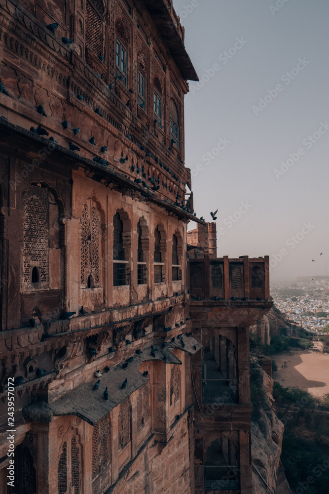 Mehrangarh Fort above the blue city of Jodhpur in Rajasthan, India