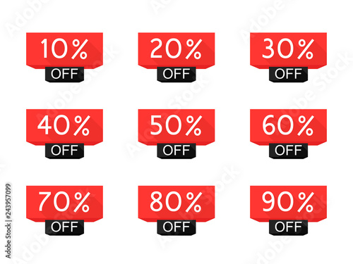 Sale tag set. 10, 20, 30, 40, 50, 60, 70, 80, 90 percent off. Price off and discount tag design elements. Modern vector illustration flat style