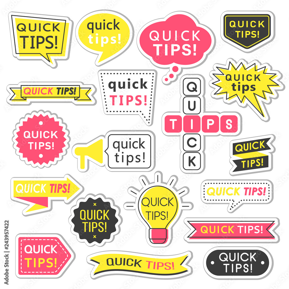 Stickers with quick tips inscription. Helpful tricks and suggestions logos, emblems and banners. Helpful idea, solution and trick illustration for books, magazine, website or typographic materials.