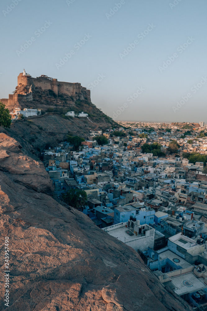 Fototapeta premium Mehrangarh Fort with the blue city of Jodhpur, Rajasthan, India in the front