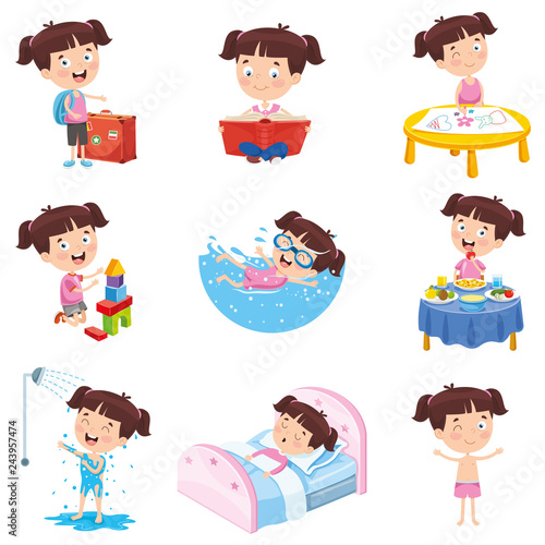 Vector Illustration Of Cartoon Girl Doing Various Activities