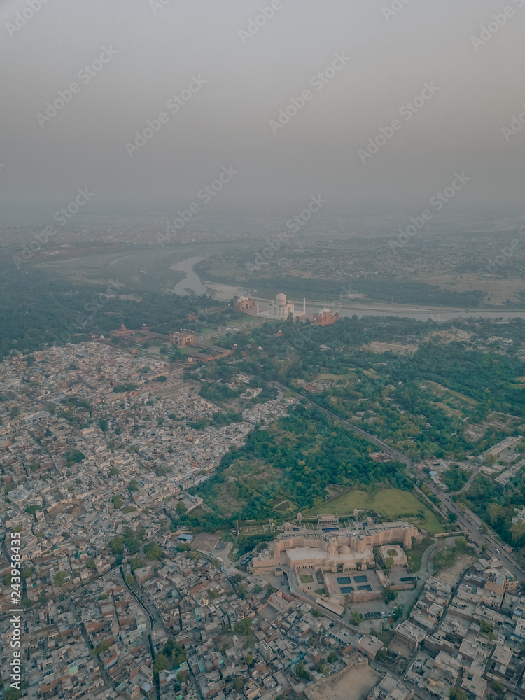 Aerial drone shot of the Taj Mahal in Agra, India