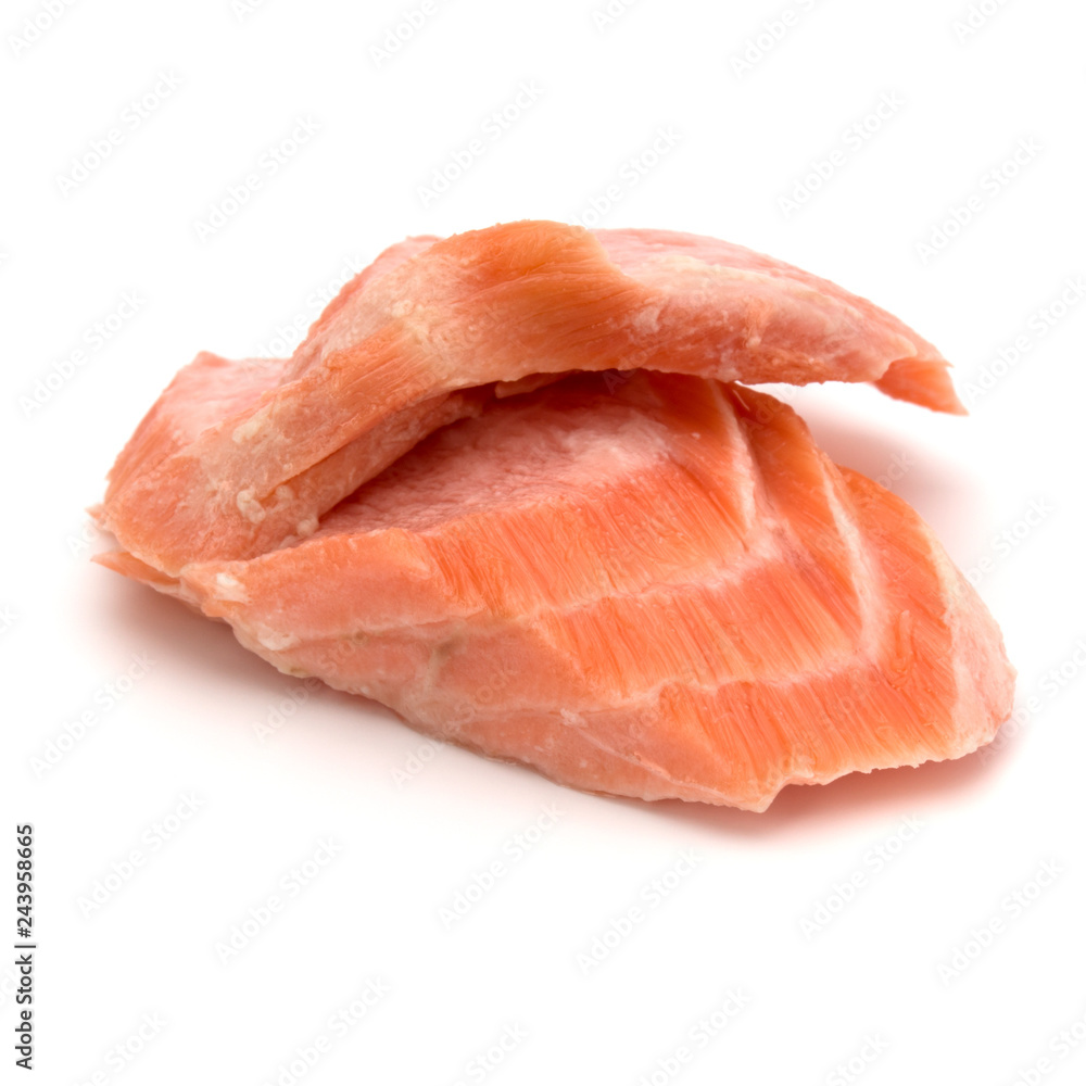 smoked salmon segments isolated on white background cutout. Prepared fish fillet fibres.