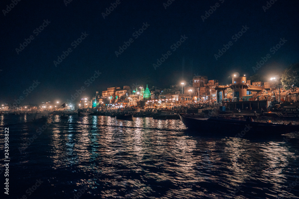 a huge religious festival in Varanasi at night