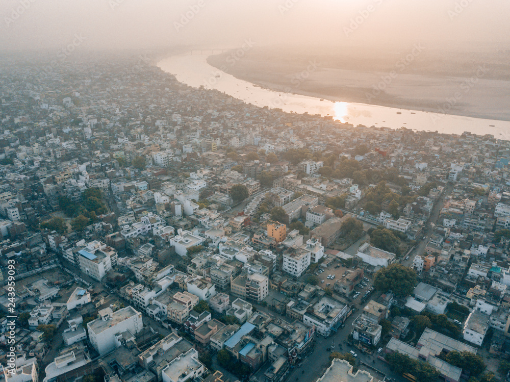 Fototapeta premium Aerial drone shot of the holy city of Varanasi, India