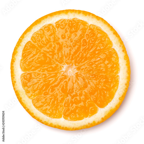 Orange fruit slice isolated on white background closeup. Food background. Flat lay, top view.