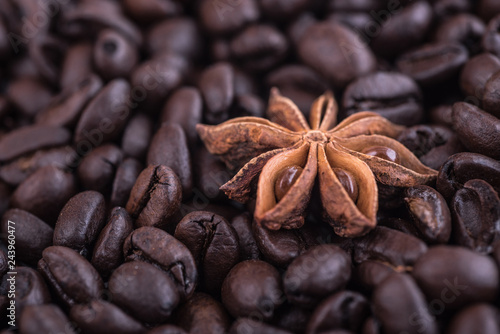 Anise star on roasted coffee beans background. Close up. Perfect spice combination concept.