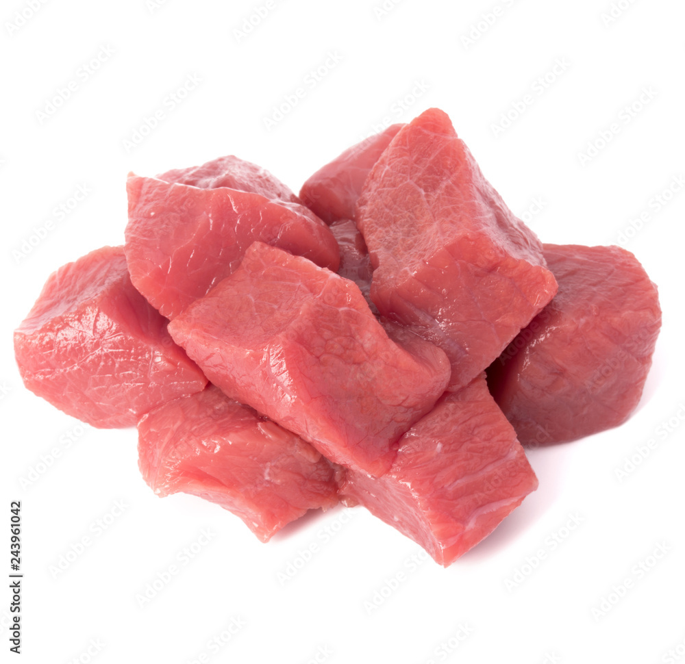 Raw chopped beef meat pieces isolated om white background cut out. Raw chopped beef meat pieces isolated om white background cut out.