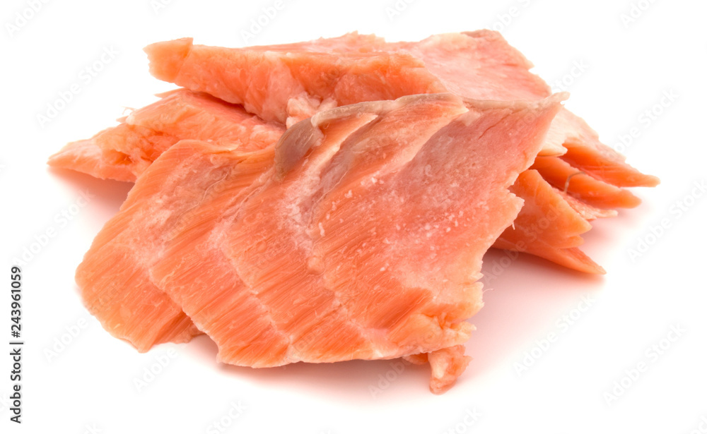 smoked salmon segments isolated on white background cutout. Prepared fish fillet fibres.