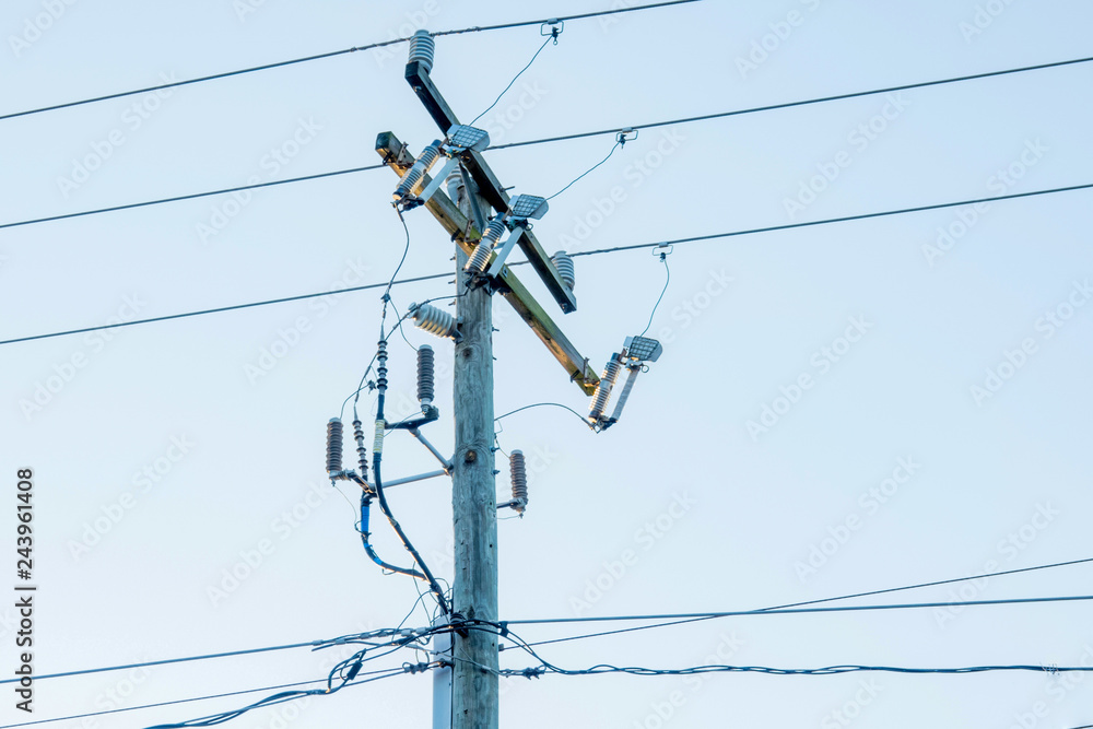 Wooden Power Electrical Wires Pole With A Transformers. Wooden Power Electrical Wires Pole With A Transformers.