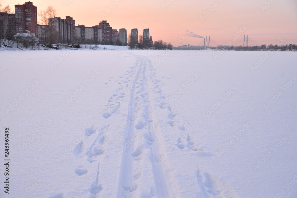 Winter landscape with cross country ski track. Winter landscape with cross country ski track.