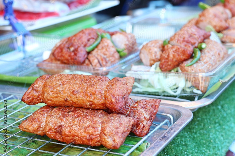 fried sausages at street food