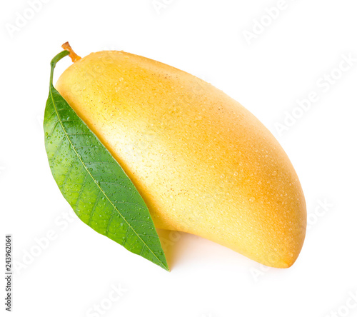 Fresh ripe mango with green leaf isolated on white