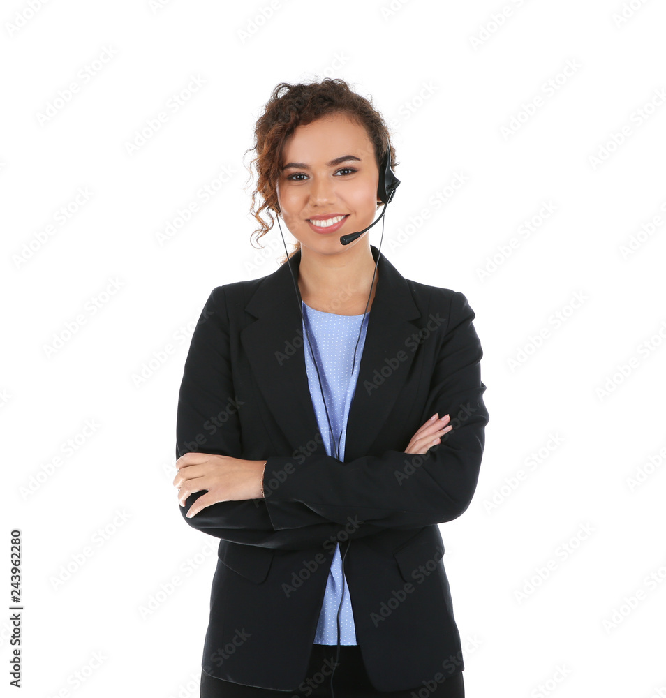 African-American technical support operator with headset isolated on white African-American technical support operator with headset isolated on white
