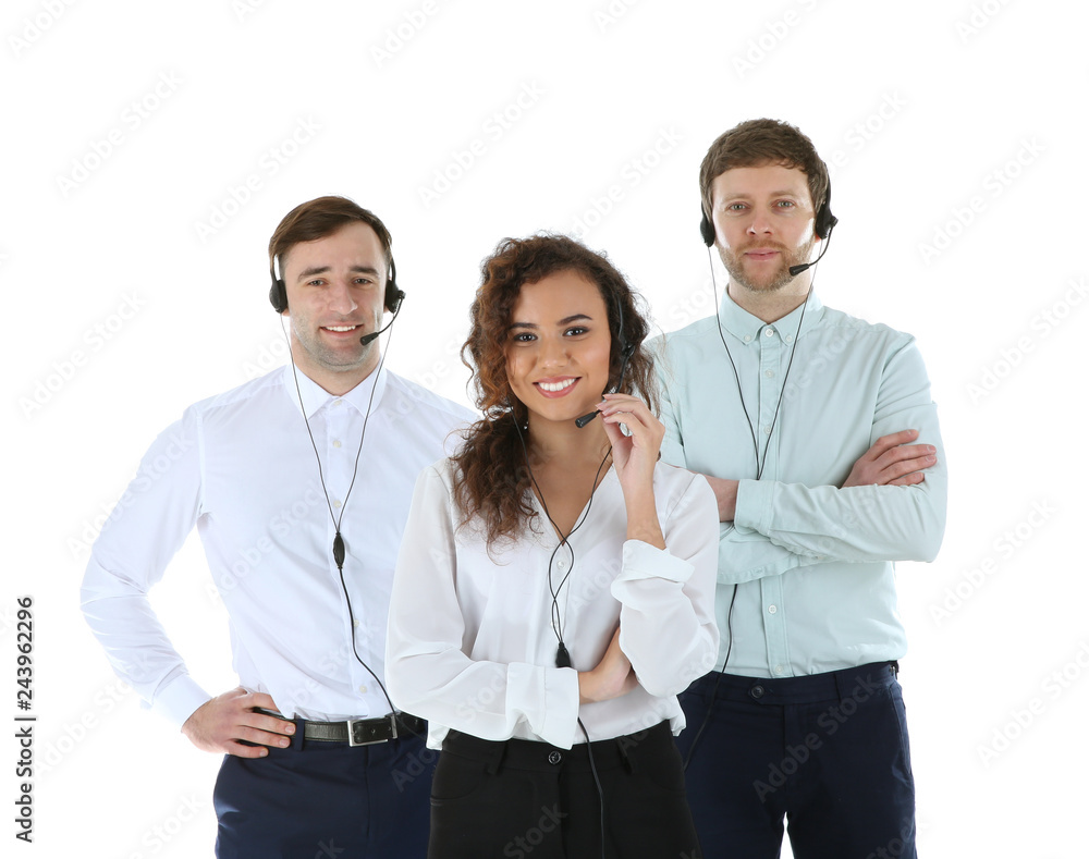Team of technical support with headsets isolated on white Team of technical support with headsets isolated on white
