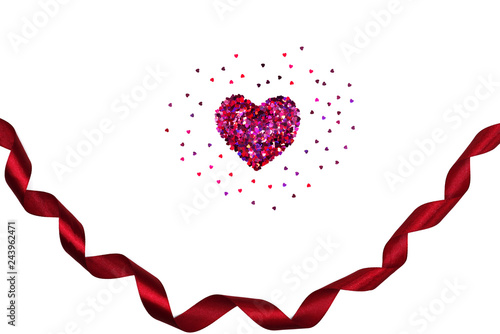 Valentine Day concept, white background with glitter red hearts