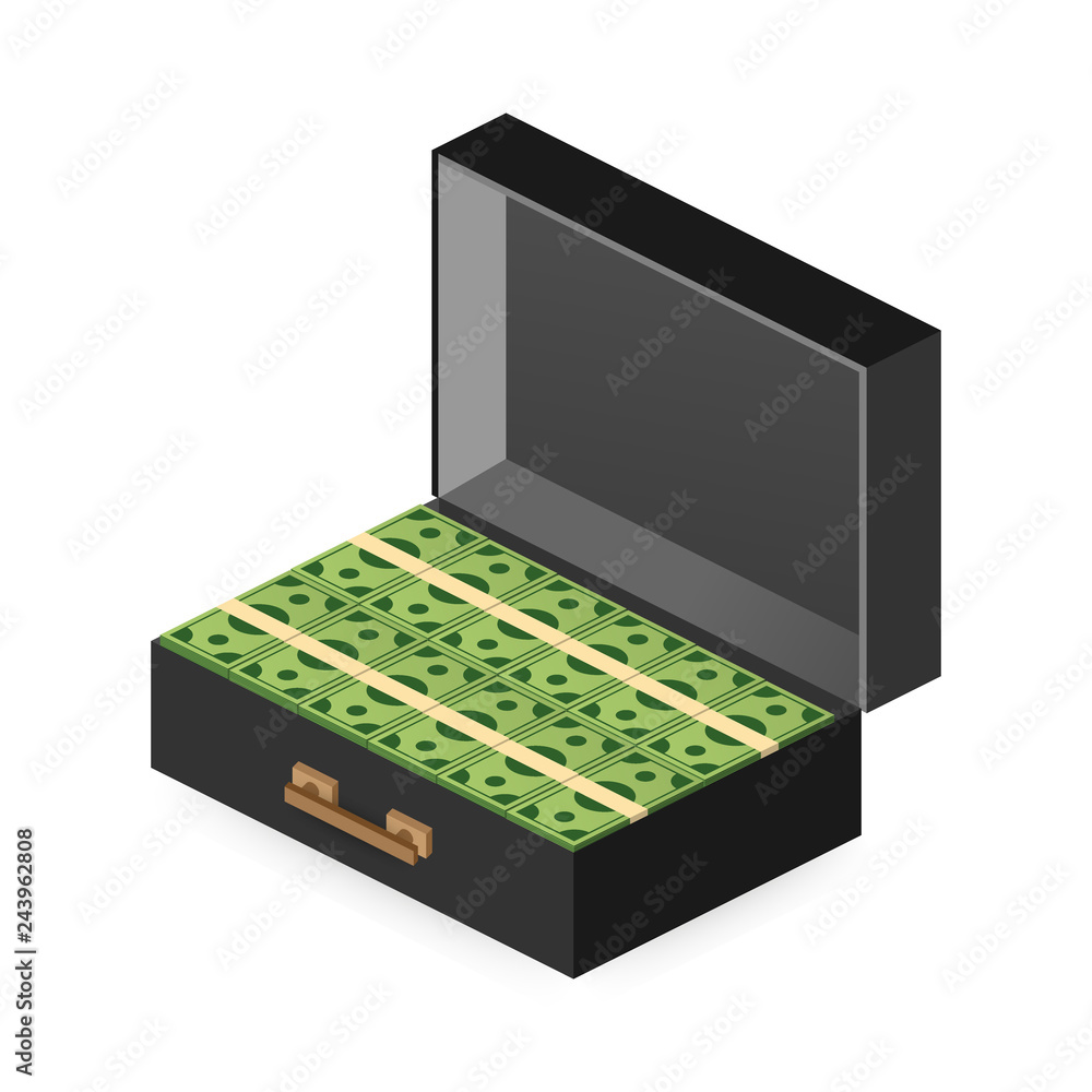 Open portfolio with money, suitcase with money, gold coin and cash in open case isometric. Vector illustration. Open portfolio with money, suitcase with money, gold coin and cash in open case isometric. Vector illustration.