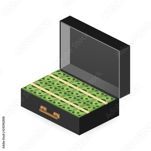 Open portfolio with money, suitcase with money, gold coin and cash in open case isometric. Vector illustration.