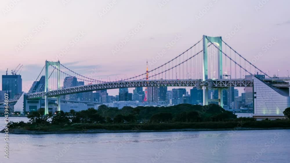 Time Lapse Day to Night Transition of Rainbow Bridge in Tokyo Bay -Close Up- Time Lapse Day to Night Transition of Rainbow Bridge in Tokyo Bay -Close Up-