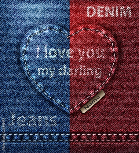 Jeans heart greeting card, I love you Valentine red blue vector