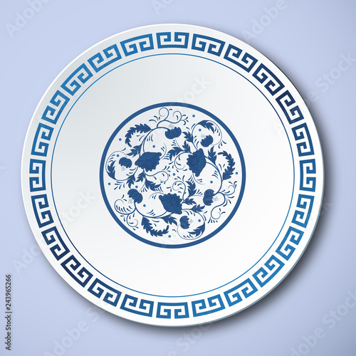 Chinese Traditional Blue And White Porcelain, the Great Wall Frame, the Flowers Texture