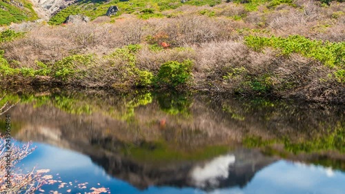 Timelapse of Reflective Pond over Smoking Volcano -Long Shot- photo