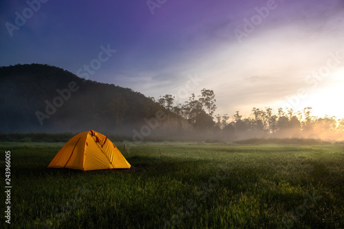 Yellow Camping Tent In The Middle of Open Field Near Forest During Sunrise at Misty Morning. Concept of Outdoor Camping Advanture