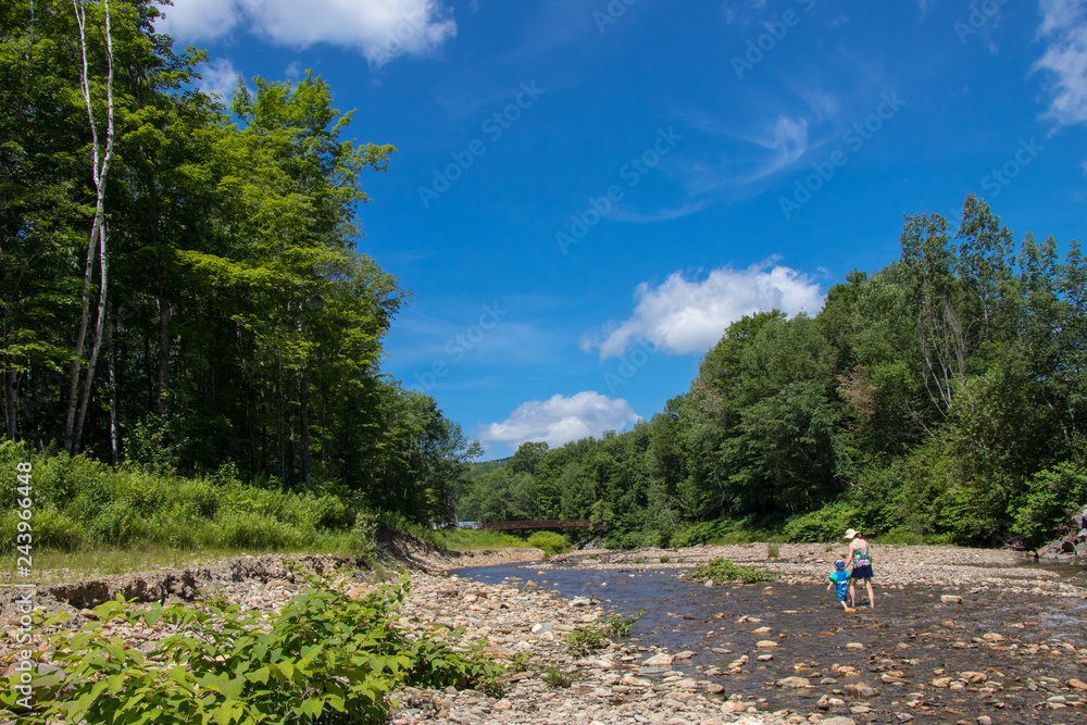 a river on a beautiful summer day with a mother and son walking through it