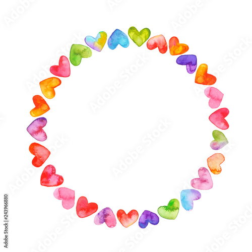Colorful round Valentine's frame. Watercolor illustration. Isolated on white.