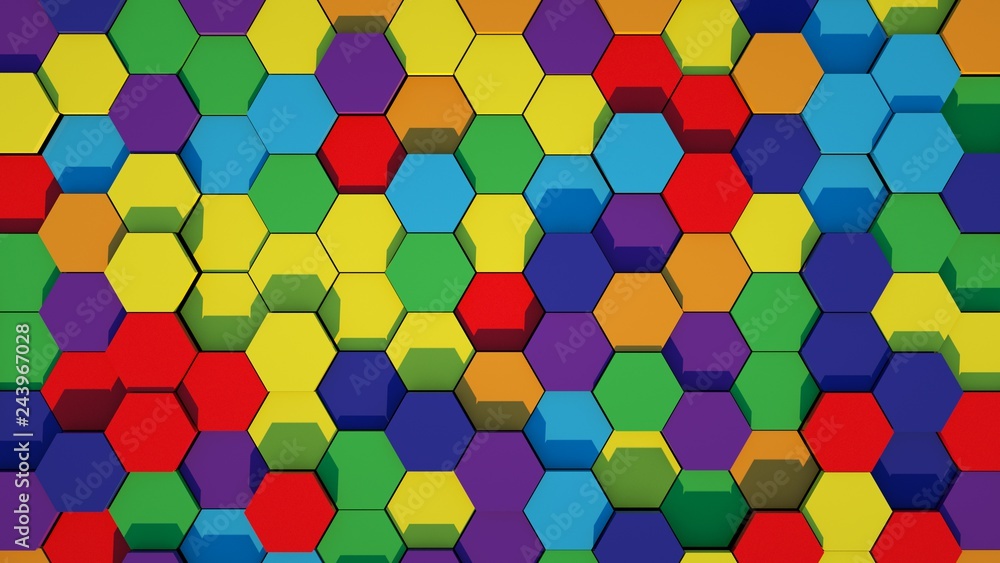 Abstract rainbow hexagon geometric surface. 3d render