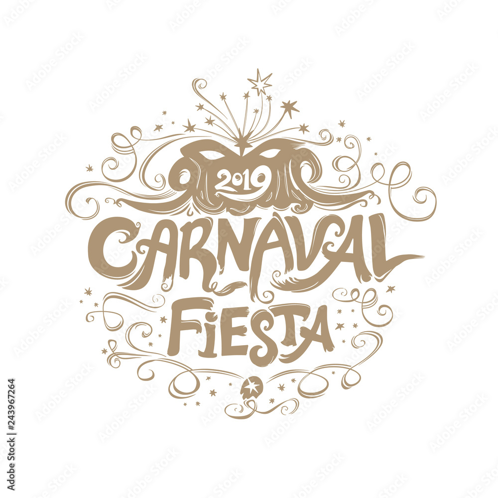 Beautiful vintage title Carnaval Fiesta. logo in spanish. Translated as Carnaval party. Hand drawn vector template with Masquerade Mask. 