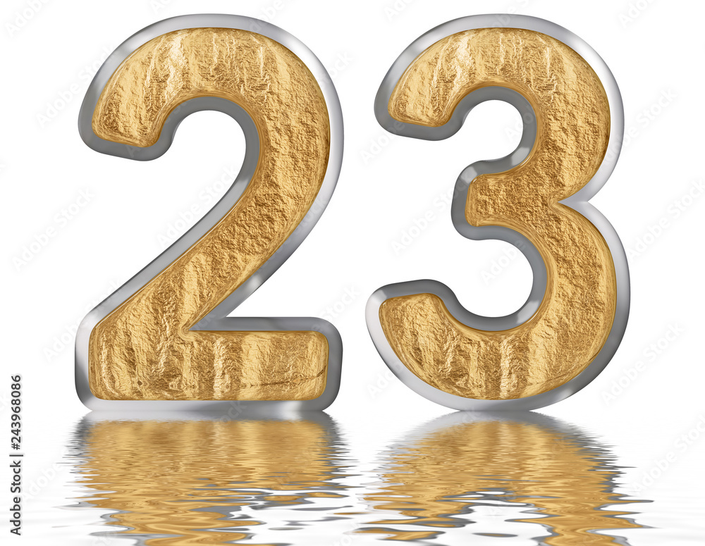 Naklejka premium Numeral 23, twenty three, reflected on the water surface, isolated on white, 3d render