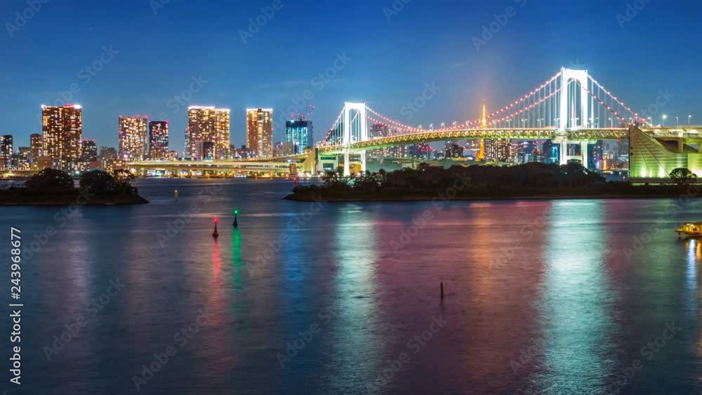Timelapse of Rainbow Bridge over Tokyo Bay at Night -Pan Right- Timelapse of Rainbow Bridge over Tokyo Bay at Night -Pan Right-