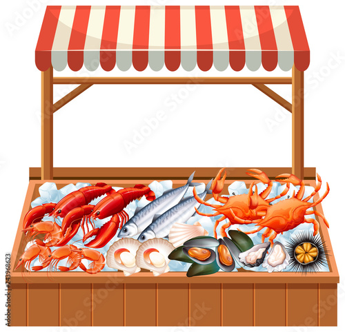 A seafood stall on white background