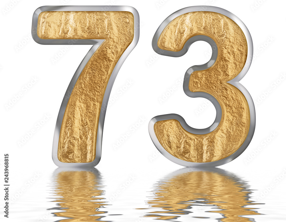Numeral 73, seventy three, reflected on the water surface, isolated on white, 3d render Numeral 73, seventy three, reflected on the water surface, isolated on white, 3d render