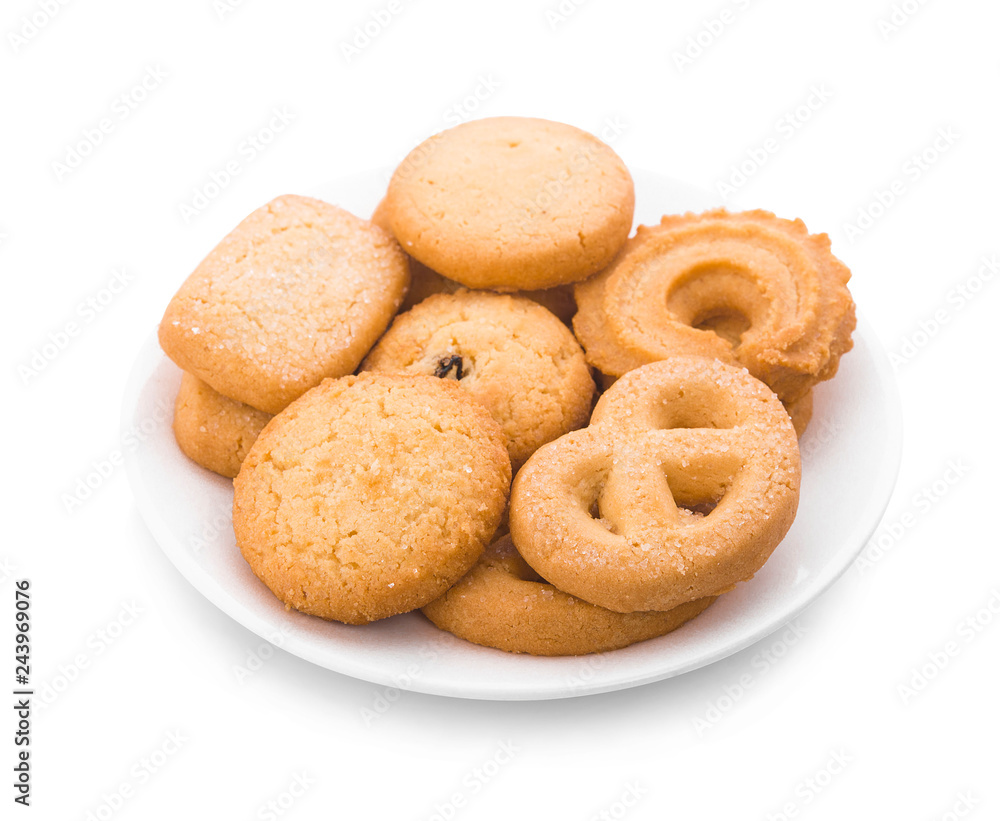 Danish butter cookies, butter cookies on white background