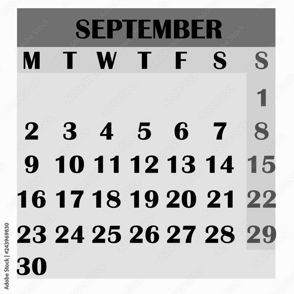 Obraz premium Calendar design month september 2019. Year 2019 calendar. Simple design for calendar 2019. Calendar for organization and business. Week Starts Monday.