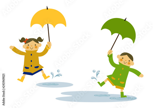 レインコートを着た子供。 雨のイメージイラスト。 梅雨の季節の為のイラストレーション。 子供と雨のイラストレーション。 季節のクリップアート。