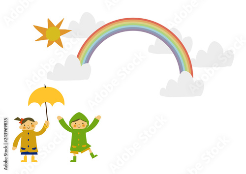 レインコートを着た子供。 雨のイメージイラスト。 梅雨の季節の為のイラストレーション。 子供と雨のイラストレーション。 季節のクリップアート。
