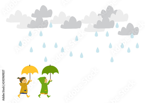 レインコートを着た子供。 雨のイメージイラスト。 梅雨の季節の為のイラストレーション。 子供と雨のイラストレーション。 季節のクリップアート。