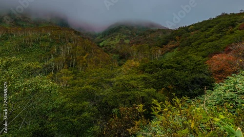 Timelapse of Fog Revealing Fall Colored Mountain Summit -Tilt Up- photo